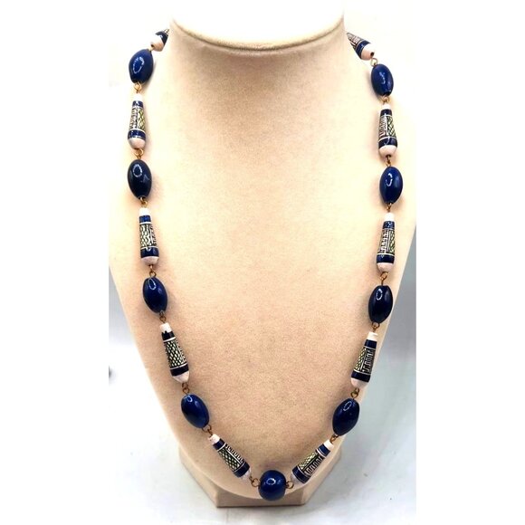 Antique Vintage Beaded Necklace Hand Painted Wired Wire Work 19” Cobalt Blue - Picture 3 of 4